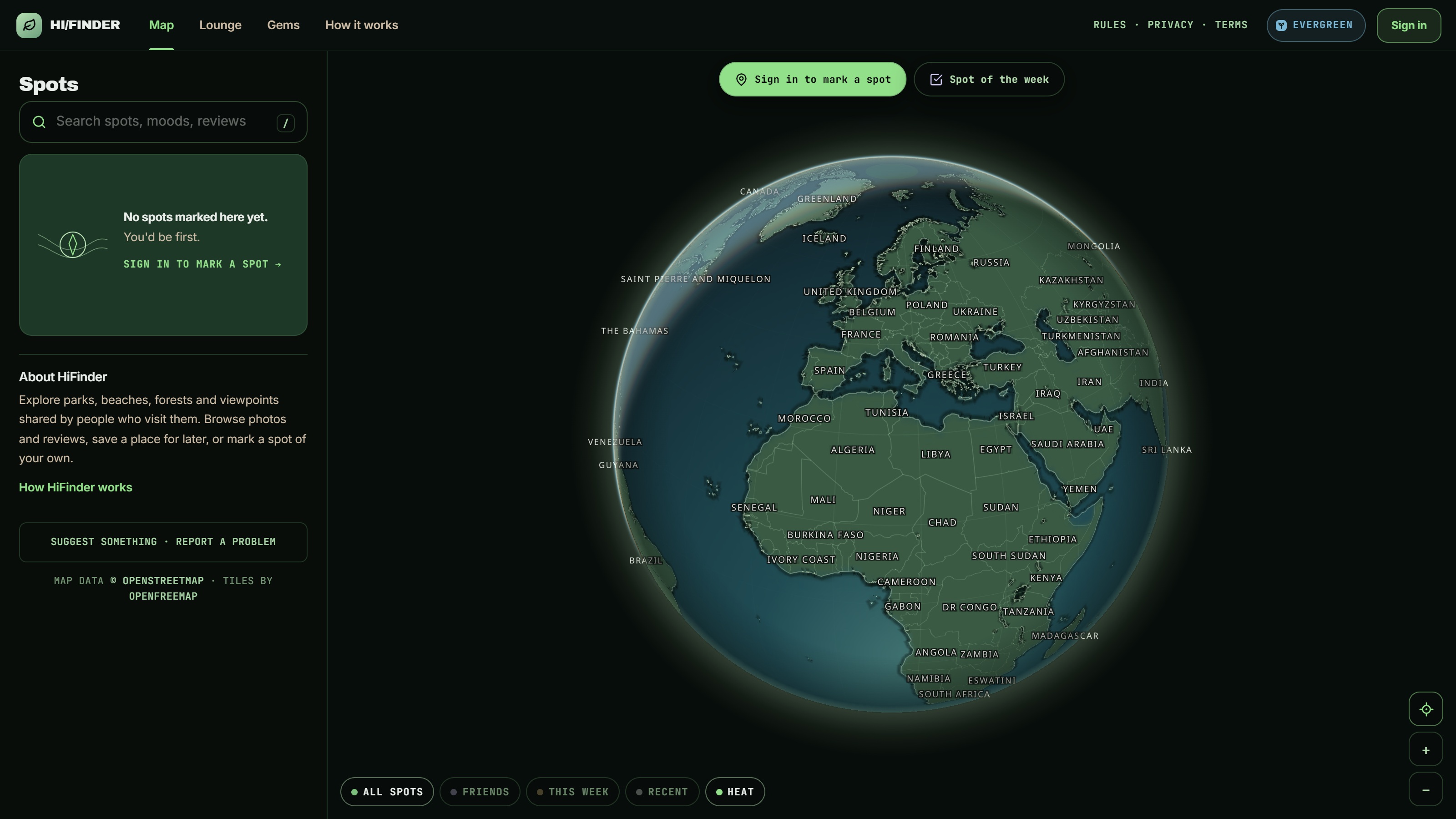 A preview of HiFinder's world map, centred on Europe and Africa.